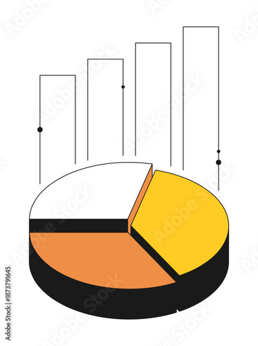 Isometric pie chart with rising profit graph. Contrast design with thin outline 3D vector isolated on white background