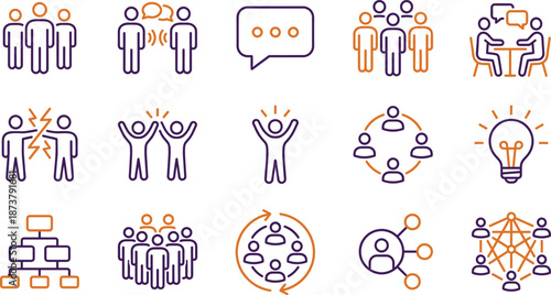 Purple and Orange Vector Line Art Icon Set Featuring Business Teamwork Elements Including Networking Communication Collaboration Brainstorming Leadership Hierarchy and Group Social Interaction
