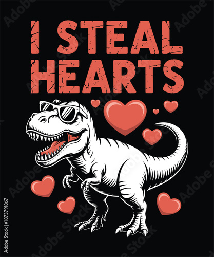 I Steal Hearts T-Rex Dinosaur Valentine's Day T-Shirt, Funny Cool Dino Wearing Sunglasses Tee, 