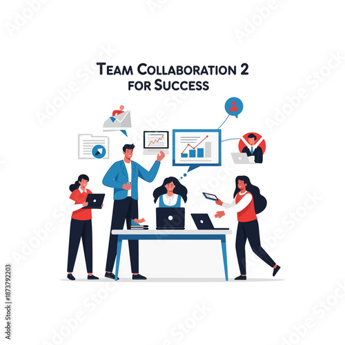 Diverse business professionals actively collaborate on a project, utilizing technology and data analysis for successful outcomes.