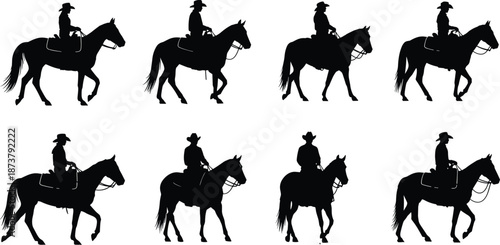 Cowboy riding horse silhouette set showing different walking poses, western equestrian scenes in black vector style isolated on white background