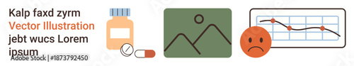Health services, emotional well-being, data analytics, medication use, infographic elements, healthcare visualization. Medicine bottle, pills, image symbol sad face icon graph showing trends