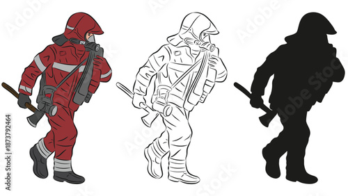 A firefighter in different stages of illustration from color to silhouette