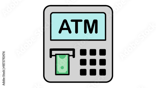 An illustration of a gray ATM machine with a green bill dispensing