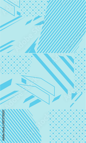 GEOMETRIC DIAGONAL HALFTONE PATTERN FEATURING LARGE BLOCKS OF SHARPLY ANGLED SHAPES AND SMALL DOTS THAT PROVIDE ADDITIONAL TEXTURE AND SUBTLE CONTRAST