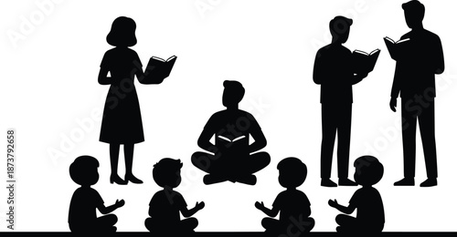 Education silhouettes set with teacher, students and children reading books, classroom learning scene, minimalist black vector illustration for school, literacy and knowledge concepts