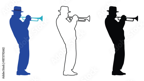 Three silhouettes of a man playing trumpet in different colors and styles