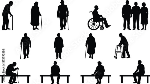 Elderly people silhouette vector set showing seniors with cane, walker, wheelchair, and seated poses representing aging, retirement, and healthcare concepts