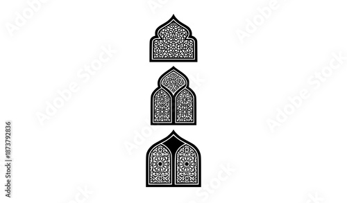 Islamic window vector set with black arabesque silhouettes and oriental ornamental designs for Muslim architecture and religious illustrations