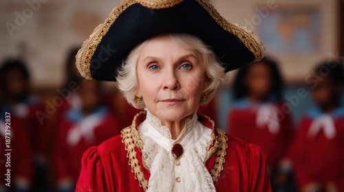 A dignified older woman dressed in regal attire, wearing a large hat, stands confidently in focus, with figures in red clothing blurred in the background.