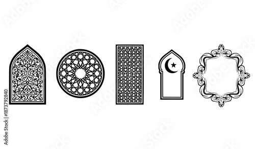 Black Arab window vector badges with Islamic architectural silhouettes, geometric arabesque patterns, and oriental ornament design