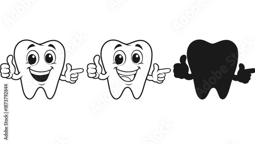 Happy cartoon teeth characters and silhouette offer dental care advice and support.