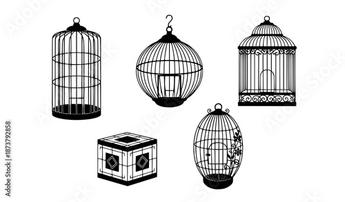Black bird cage vector set with decorative, modern, and vintage designs for interior decor, wall stickers, and poster illustrations
