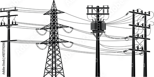 Electric power transmission and distribution system silhouette vector illustration featuring utility poles, high voltage tower, transformer, and overhead power lines isolated on white background