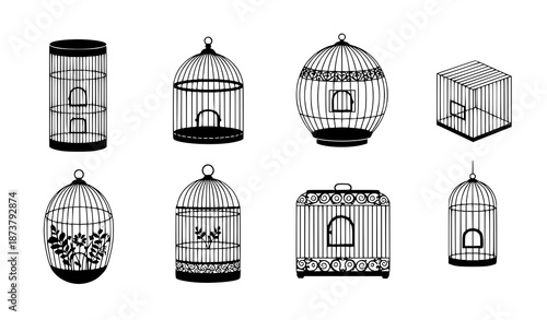 Playful black bird cage vector set with decorative, minimalist, and geometric designs for interior, wall stickers, and poster elements