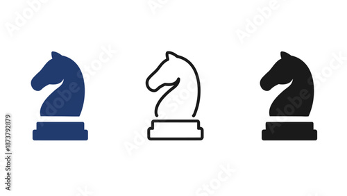 Three chess knight pieces in different colors on a white background