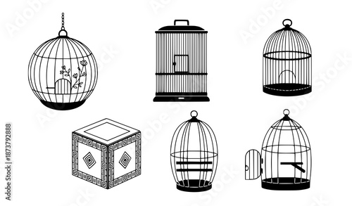 Cartoon black bird cages vector set with modern and decorative designs for interior decor, wall art, and poster illustrations