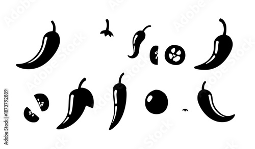 Cartoon chili peppers vector set with fresh vegetables, sliced and whole, for cooking, salad, pizza, and Mexican spice illustrations