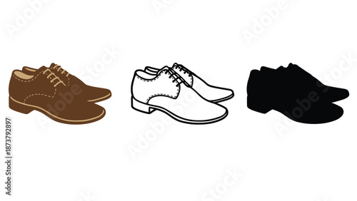 A set of three different colored dress shoes on a white background