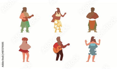 Hawaiian characters vector set with traditional dancers, musicians, and folk artists in colorful attire for cultural illustrations