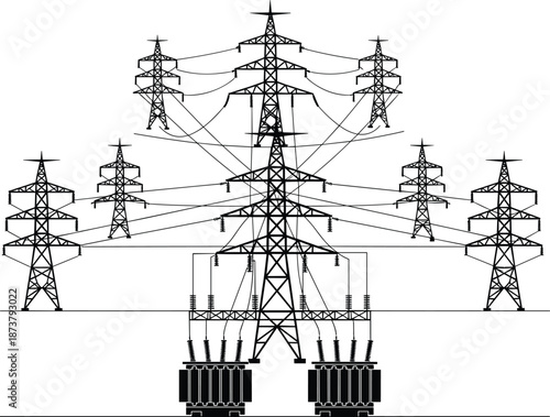 Electric power transmission grid vector illustration with high voltage towers, transformers, and overhead lines, detailed black line art showing energy distribution infrastructure