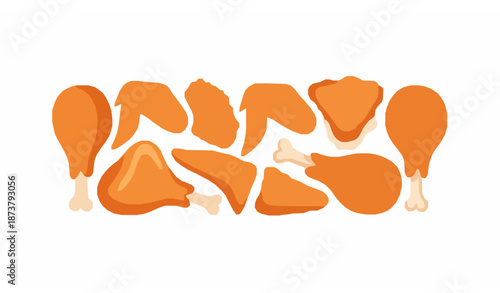 Playful cartoon fried chicken bundle vector illustration with crispy drumsticks, wings, and thighs for fast food and culinary designs