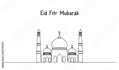 One continuous line Islamic mosque vector with Eid Fitr Mubarak text for minimalist Ramadan, Eid, and Muslim holiday greetings
