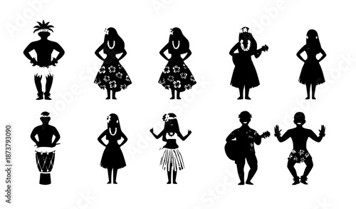 Cartoon Hawaiian people vector set of traditional dancers, musicians, and colorful folk performers for cultural design