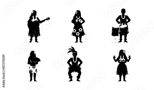 Playful Hawaiian vector set of dancers, musicians, and folk artists in traditional costumes for tropical and cultural illustrations