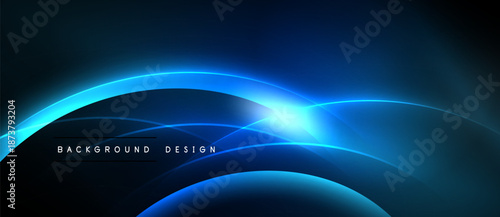 Dark blue abstract background. Glowing lines create dynamic wave effect. Modern design with bright light source. Simple, elegant presentation.