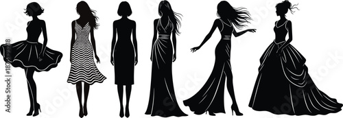 Elegant female fashion silhouettes showcasing evening gowns and dresses, stylish women figures, minimalist black vector illustration for runway, couture, luxury design concepts