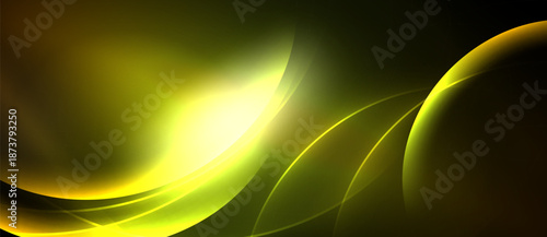 Abstract golden waves, smooth curves, bright light source. Dark background creates dramatic visual effect. Elegant design.