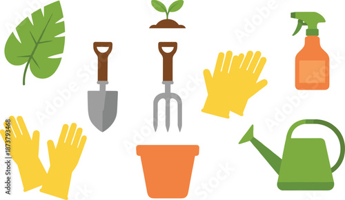 Gardening tools and plant care icon set including shovel fork gloves watering can spray bottle and potted plants