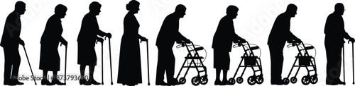 Elderly people silhouettes showing aging stages with canes and walkers senior citizens mobility support healthcare isolated white background vector illustration