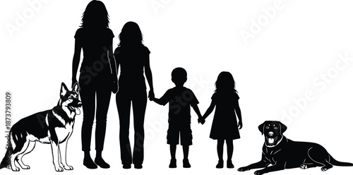 Family silhouette with parents children and dogs holding hands together love unity pets companionship isolated on white background vector illustration