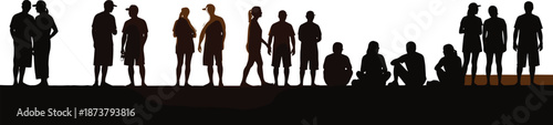 Group of people silhouettes standing and sitting together outdoor crowd scene sunset horizon social gathering vector illustration isolated white background