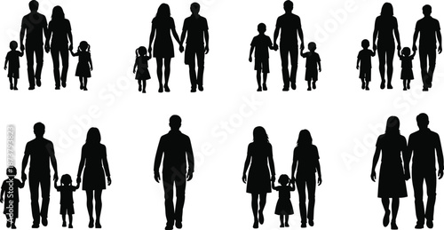 Family silhouettes collection parents children walking together happy families isolated on white background vector illustration set design pack bundle concept