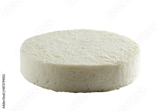 White round cheese, short cylinder shape, textured surface