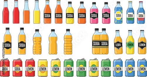 WebLarge soda and lemon drink packaging vector set with glass bottles, plastic bottles, and aluminum cans in colorful flat illustration style