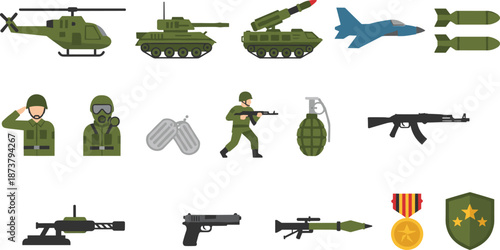 Military equipment and army icon set including vehicles soldiers firearms missiles grenades medals and defense symbols for tactical design