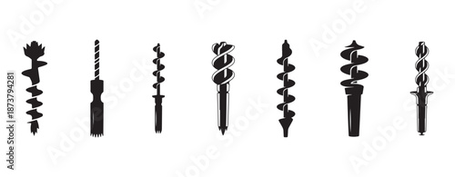 Auger Drill Bits Silhouette Vector Set. Construction, Earth Boring, Industrial Screw and Drilling Tool Collection.