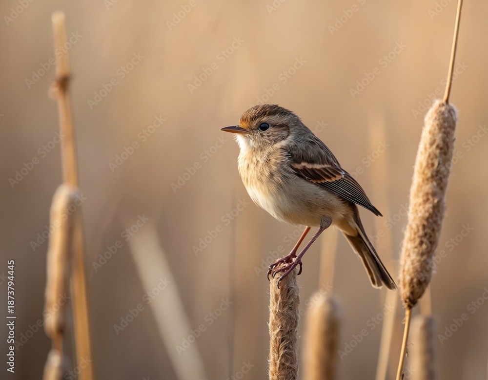 Naklejka premium Eurasian wren bird sits on cattail stalk. Small brown songbird with striped wings. Autumnal nature scene, soft focus background. Wildlife portrait.