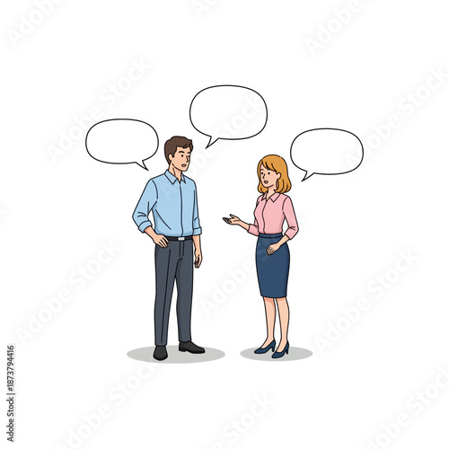 Two professional colleagues standing and actively conversing, with blank speech bubbles above their heads indicating dialogue.