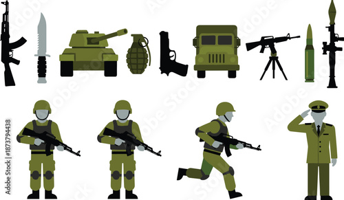 Military weapons and soldiers illustration set featuring firearms vehicles ammunition grenades and army personnel characters for defense design projects