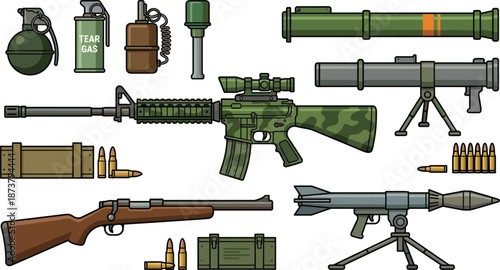 Military weapons illustration set with assault rifles, rocket launchers, grenades, tear gas, and ammunition, designed for defense, combat graphics, and tactical concept projects