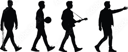 Male activity silhouettes set, walking musician sports and pointing poses, casual lifestyle actions, black isolated human figures illustration