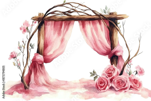 Wedding arch adorned with pink drapes and roses, rustic charm