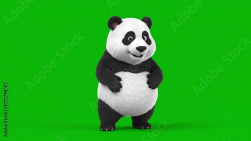 cute playful 3D panda mascot doing joyful dance full body visible chubby cartoon proportions soft fur surface expressive facial emotions friendly happy vibe smooth lively cartoon animation bouncy rhyt