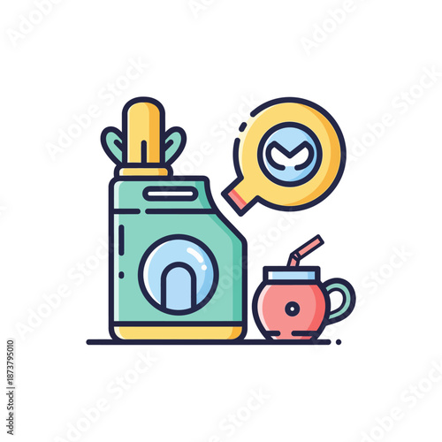 Stylized illustration of a traditional South American yerba mate set, featuring a thermos, drinking gourd, and a magnifying glass icon.