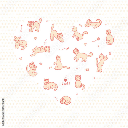 Pets. Cats Vector Set in Heart shaped. Hand Drawn Doodle fluffy Kittens. Valentine Card with kittens.